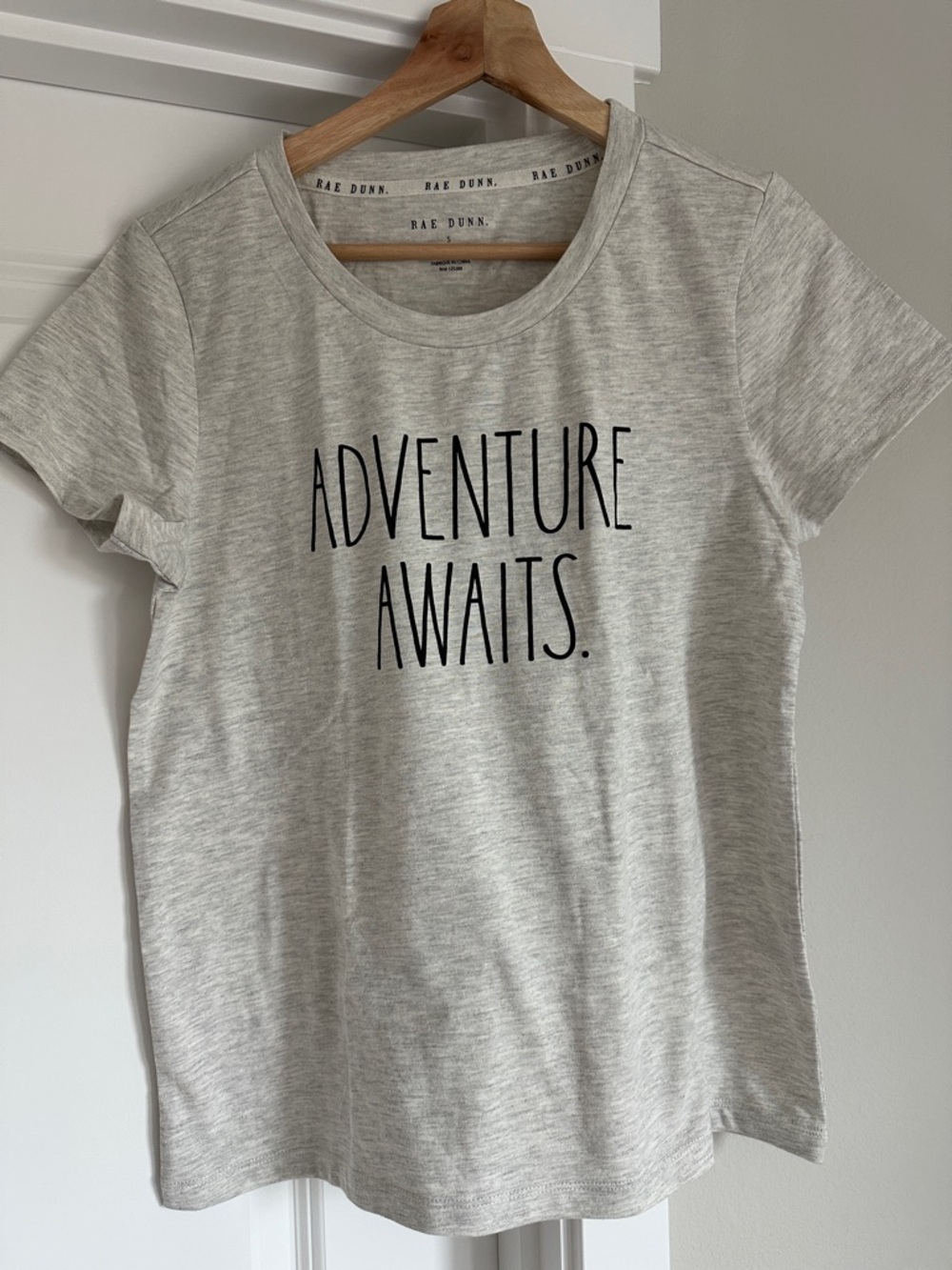 Rae Dunn Light Gray t-shirt with 'Adventure Awaits'